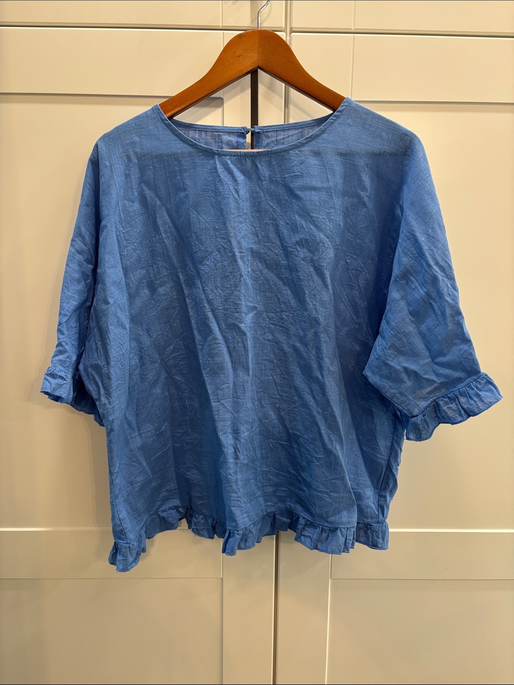 100% cotton Blue Ruffle-Hem Women's Top